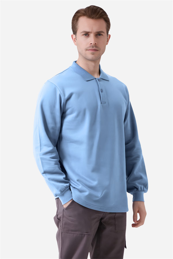 Açık Mavi Pamuklu Ve Uzun Kollu Kışlık Kadın/Erkek Unisex Polo Yaka Sweatshirt