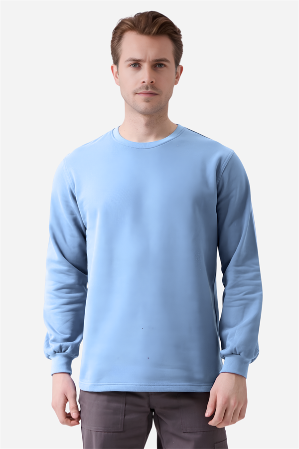 Açık Mavi Pamuklu Ve Uzun Kollu Kışlık Kadın/Erkek Unisex O/Bisiklet Yaka Sweatshirt