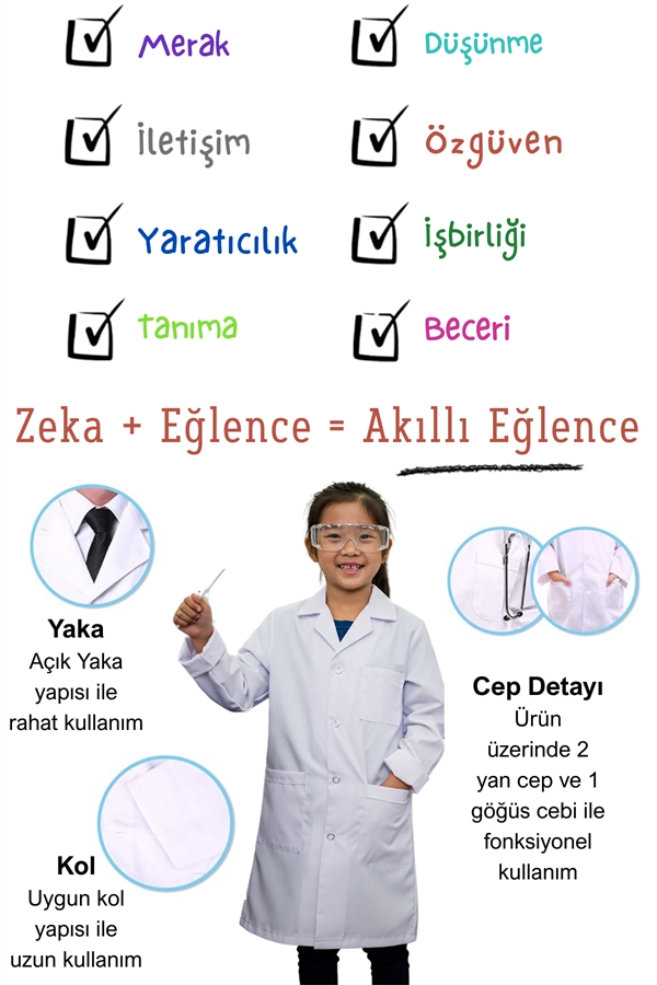 Beyaz Kız/Erkek 4-6 Yaş Açık Yaka Doktor Ve Öğretmen Çocuk Önlüğü