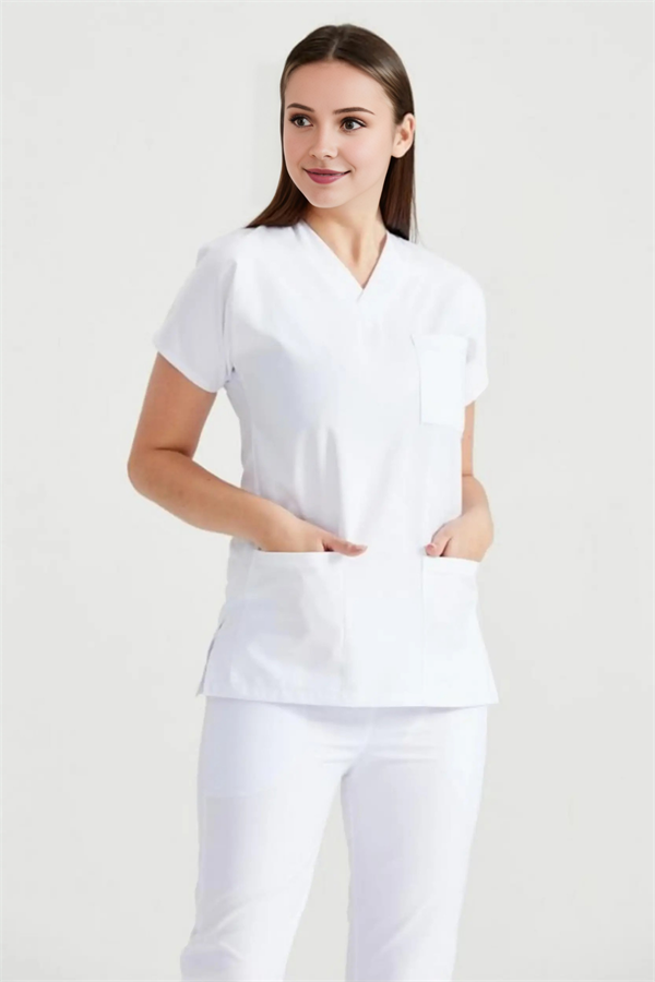 Beyaz Likralı Medikal Doktor Hemşire Kadın/Erkek Unisex Scrubs Yaka Forma Takım