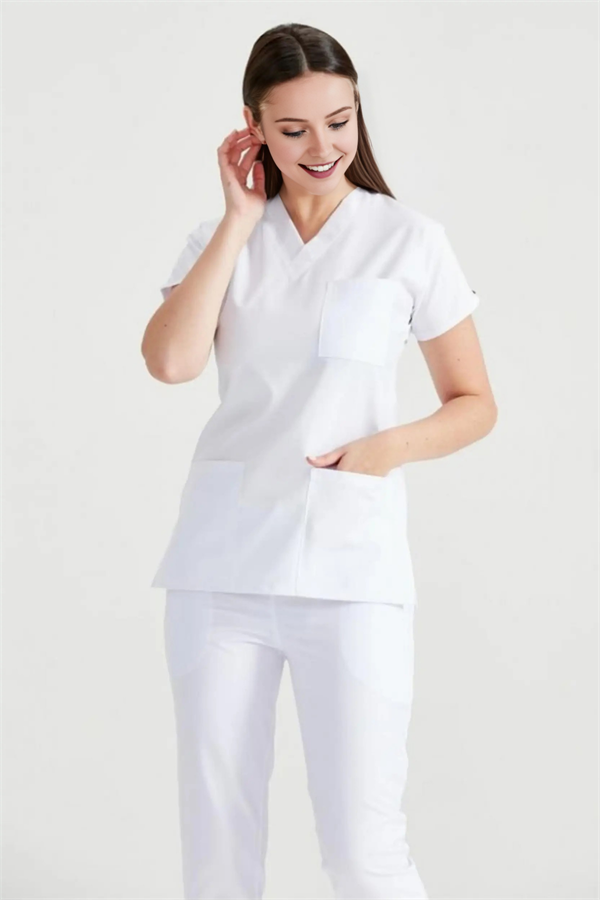 Beyaz Likralı Medikal Doktor Hemşire Kadın/Erkek Unisex Scrubs Yaka Forma Takım