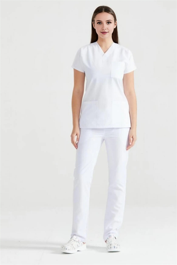 Beyaz Likralı Medikal Doktor Hemşire Kadın/Erkek Unisex Scrubs Yaka Forma Takım
