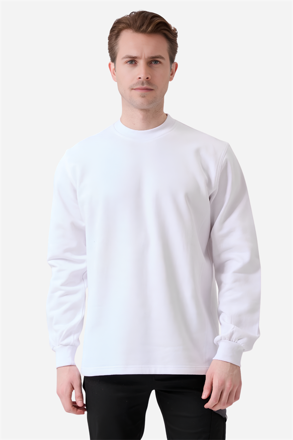 Beyaz Pamuklu Ve Uzun Kollu Kışlık Kadın/Erkek Unisex O/Bisiklet Yaka Sweatshirt