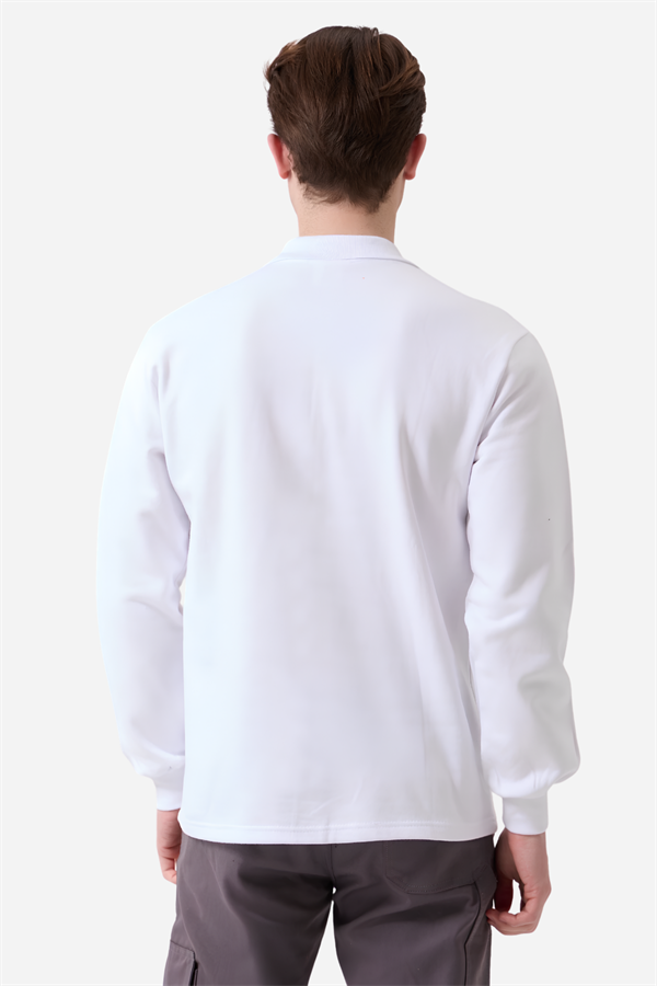 Beyaz Pamuklu Ve Uzun Kollu Kışlık Kadın/Erkek Unisex Polo Yaka Sweatshirt