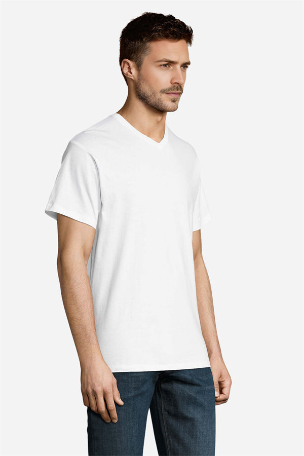 Beyaz Pamuklu ve Kısa Kollu Kadın/Erkek Unisex V Yaka Tişört