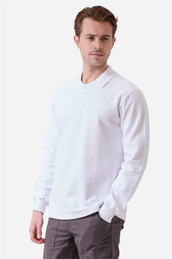 Beyaz Pamuklu Ve Uzun Kollu Kışlık Kadın/Erkek Unisex Polo Yaka Sweatshirt