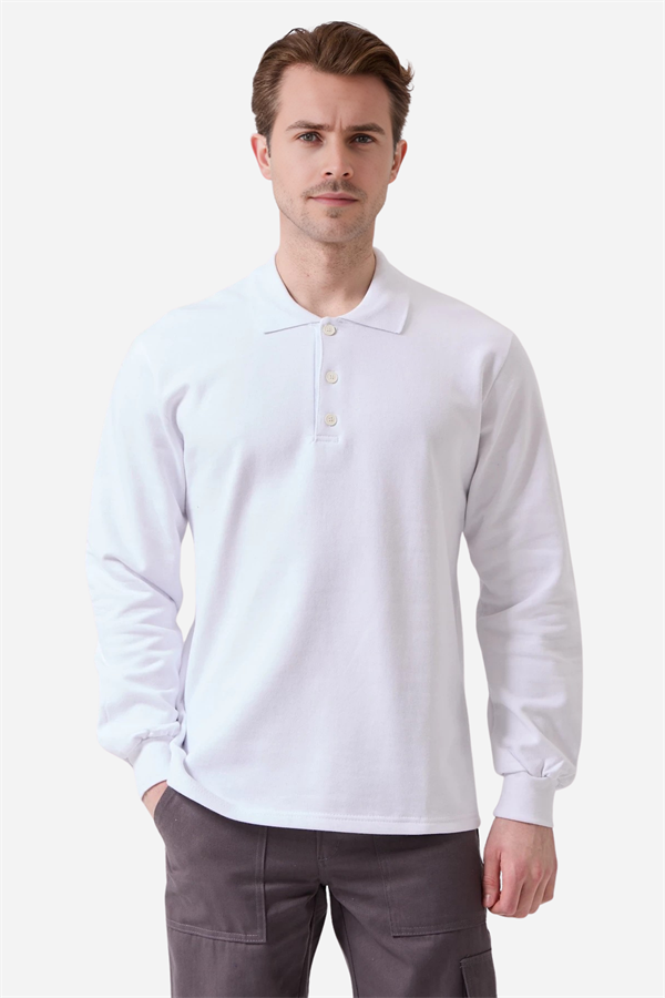 Beyaz Pamuklu Ve Uzun Kollu Kışlık Kadın/Erkek Unisex Polo Yaka Sweatshirt