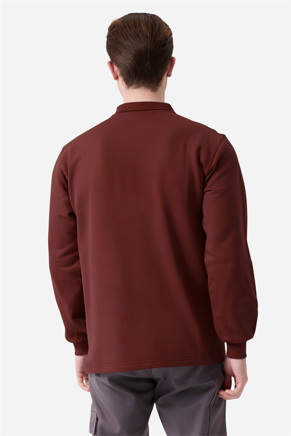 Bordo Pamuklu Ve Uzun Kollu Kışlık Kadın/Erkek Unisex Polo Yaka Sweatshirt