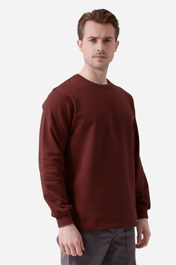 Bordo Pamuklu Ve Uzun Kollu Kışlık Kadın/Erkek Unisex O/Bisiklet Yaka Sweatshirt