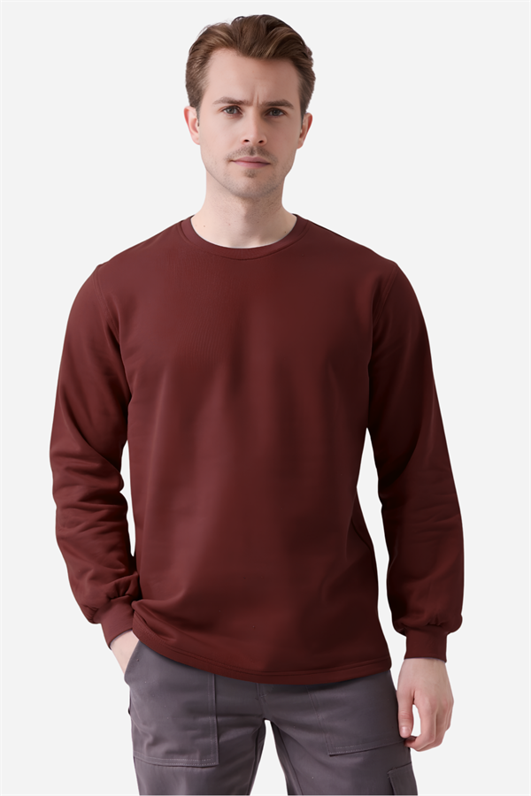 Bordo Pamuklu Ve Uzun Kollu Kışlık Kadın/Erkek Unisex O/Bisiklet Yaka Sweatshirt