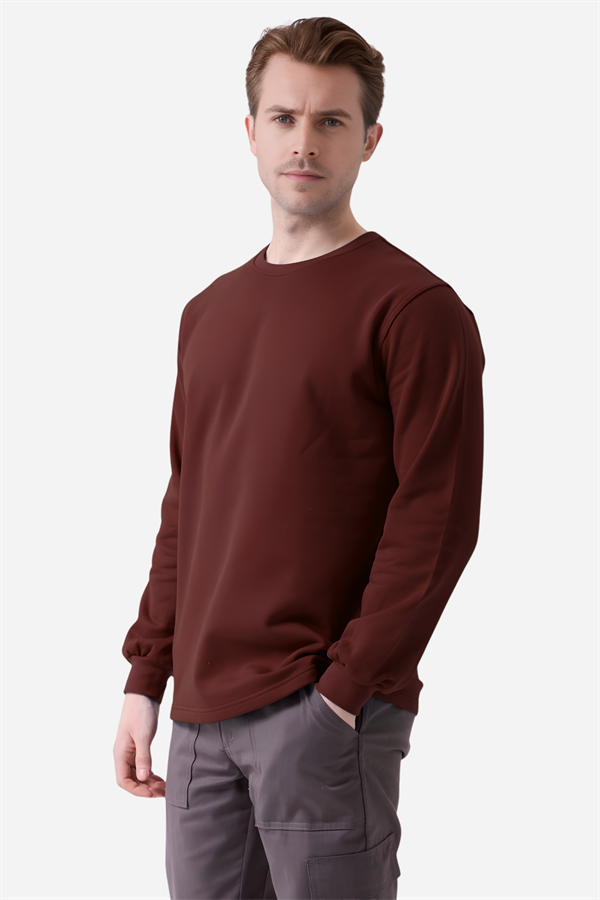 Bordo Pamuklu Ve Uzun Kollu Kışlık Kadın/Erkek Unisex O/Bisiklet Yaka Sweatshirt