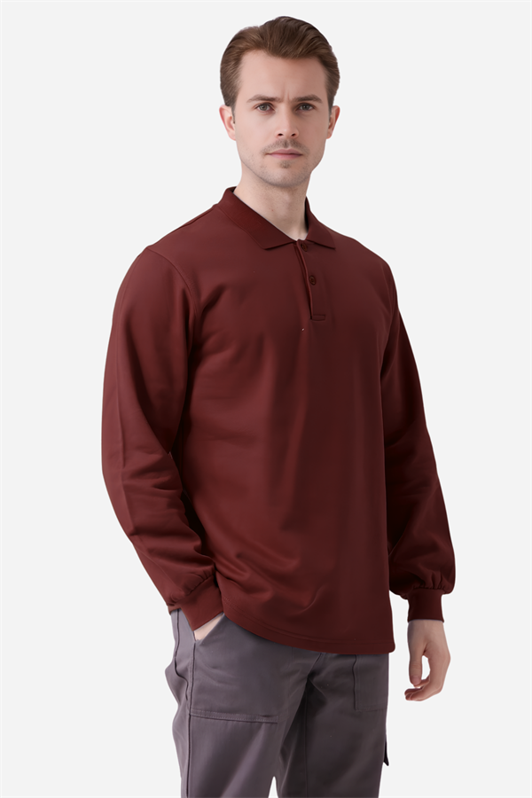 Bordo Pamuklu Ve Uzun Kollu Kışlık Kadın/Erkek Unisex Polo Yaka Sweatshirt