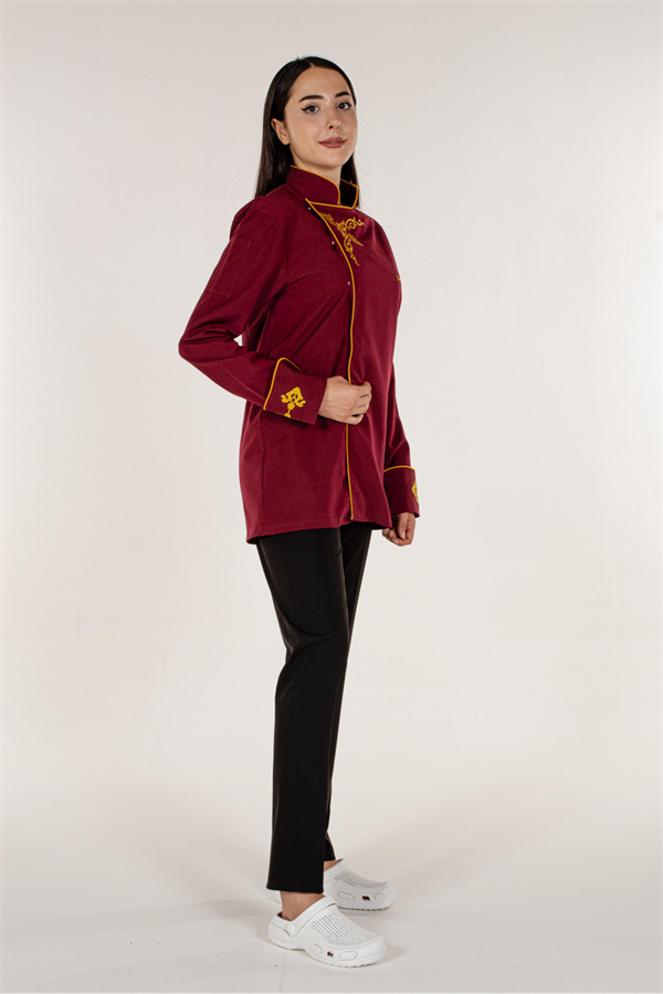 Bordo Kadın/Erkek Unisex Nakış Desenli Ve Biyeli Aşçı Mutfak Şef Ceketi