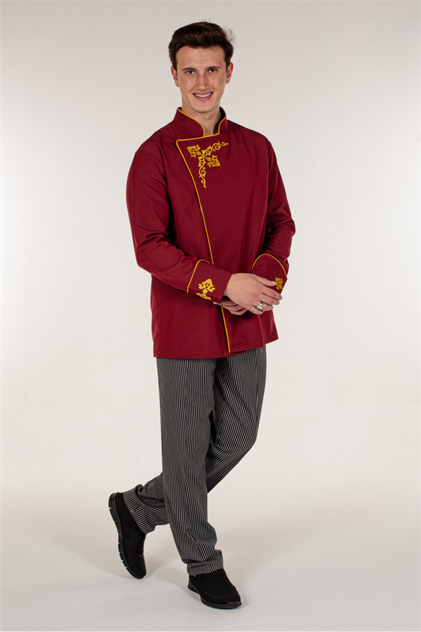 Bordo Kadın/Erkek Unisex Nakış Desenli Ve Biyeli Aşçı Mutfak Şef Ceketi