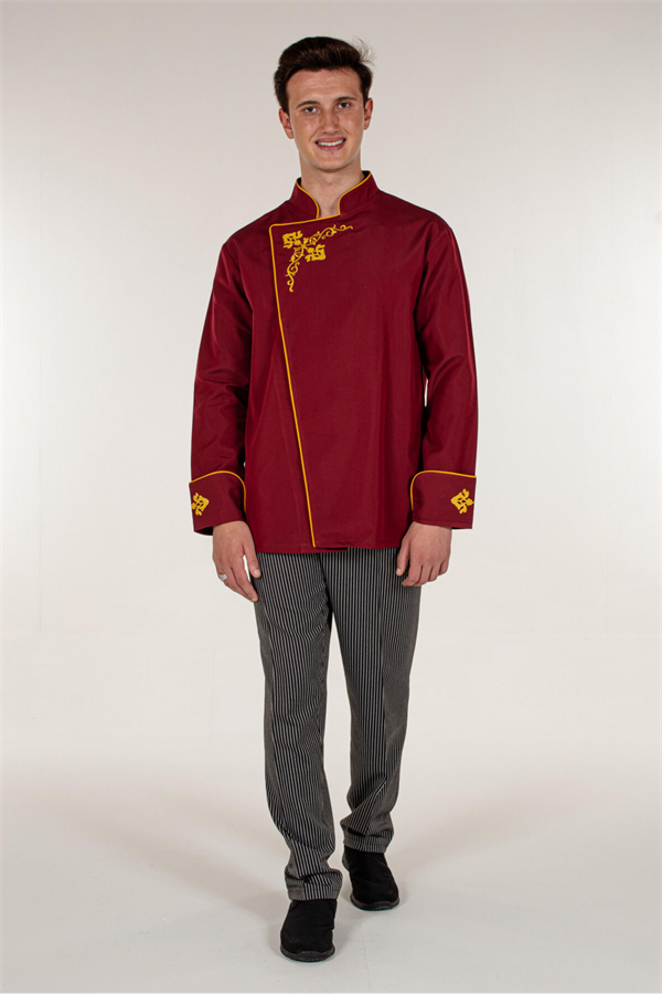 Bordo Kadın/Erkek Unisex Nakış Desenli Ve Biyeli Aşçı Mutfak Şef Ceketi