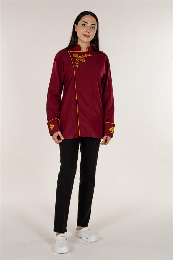 Bordo Kadın/Erkek Unisex Nakış Desenli Ve Biyeli Aşçı Mutfak Şef Ceketi