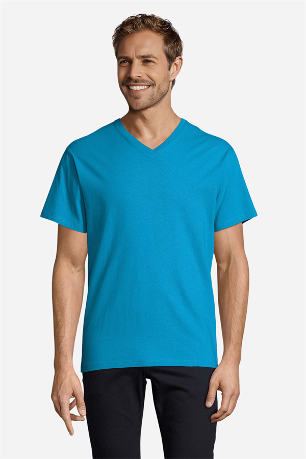 Gök Mavisi Pamuklu Ve Kısa Kollu Kadın/Erkek Unisex V Yaka Tişört