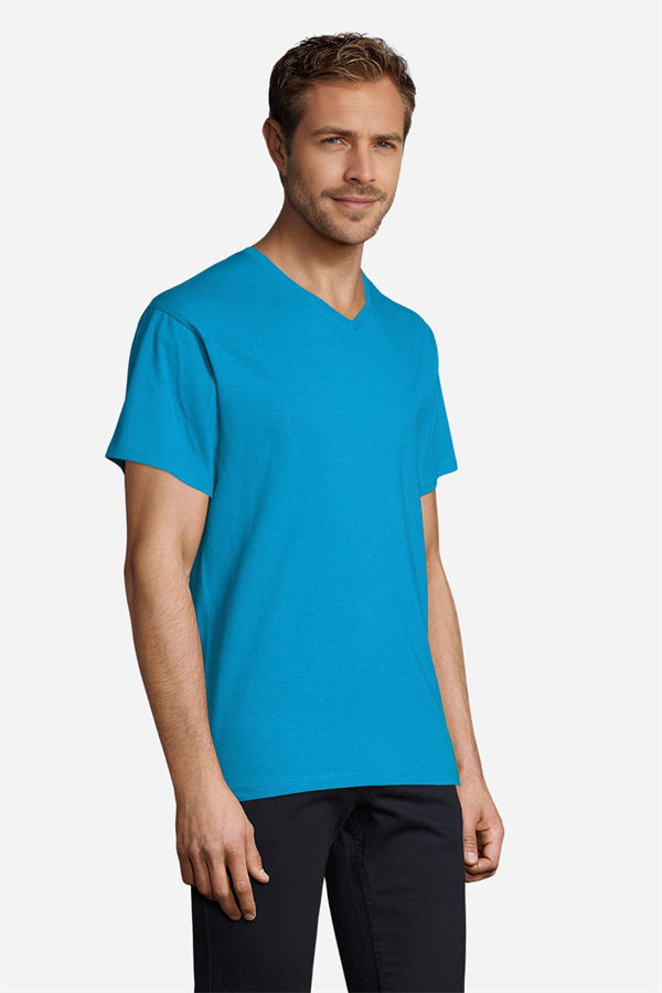 Gök Mavisi Pamuklu Ve Kısa Kollu Kadın/Erkek Unisex V Yaka Tişört