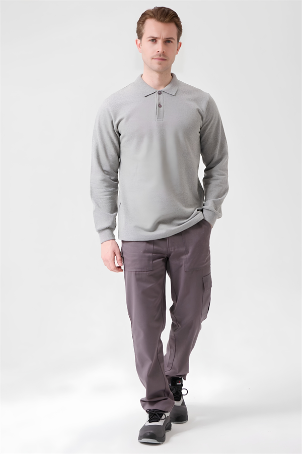 Gri Pamuklu Ve Uzun Kollu Kışlık Kadın/Erkek Unisex Polo Yaka Sweatshirt