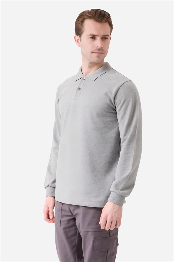 Gri Pamuklu Ve Uzun Kollu Kışlık Kadın/Erkek Unisex Polo Yaka Sweatshirt