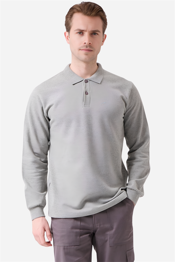 Gri Pamuklu Ve Uzun Kollu Kışlık Kadın/Erkek Unisex Polo Yaka Sweatshirt