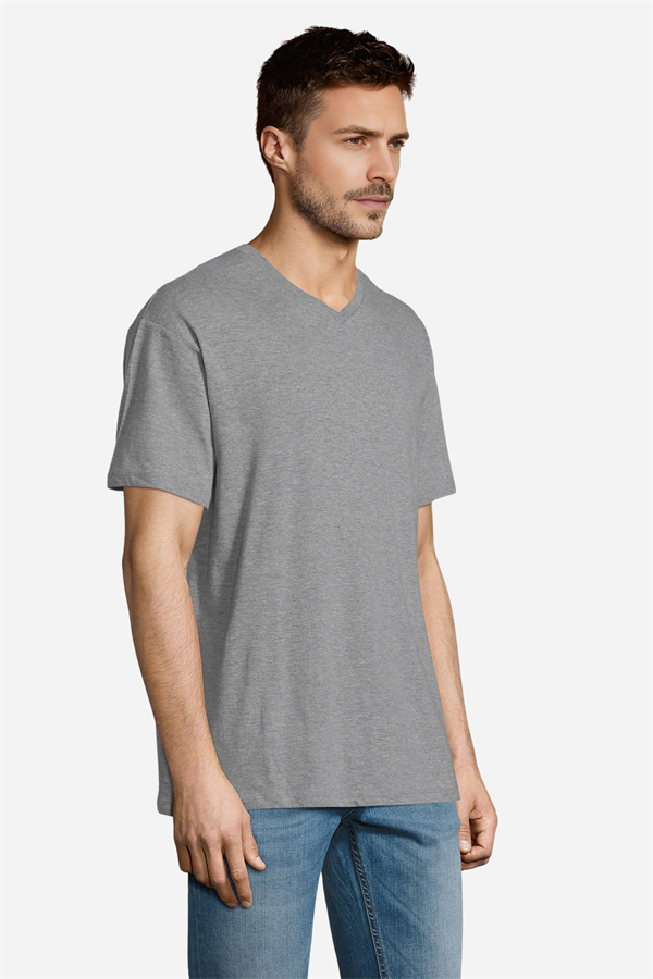 Kırçıllı Gri Pamuklu Ve Kısa Kollu Kadın/Erkek Unisex V Yaka Tişört