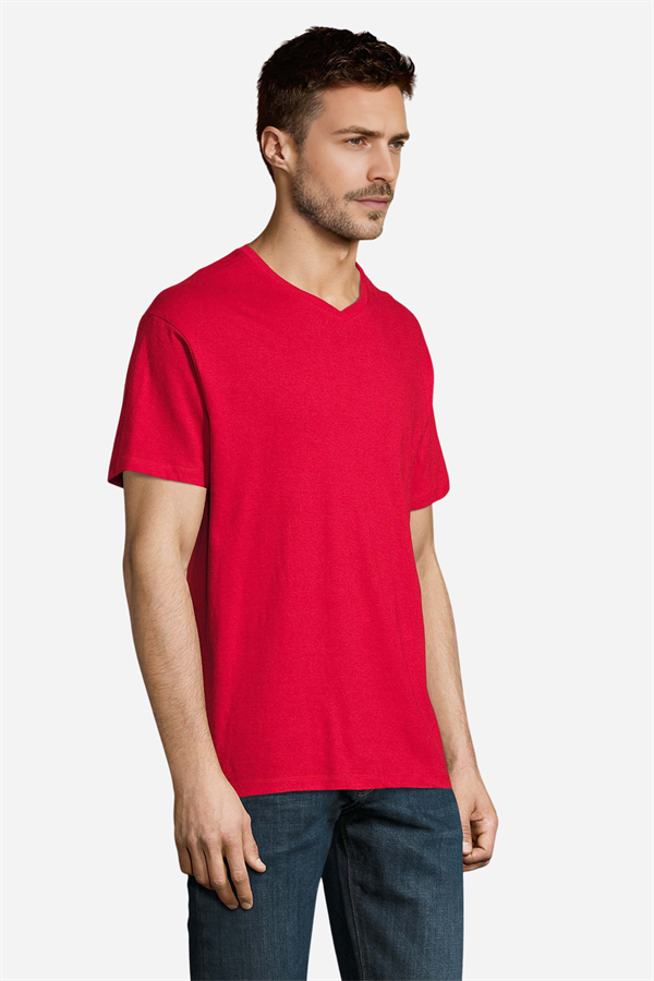 Kırmızı Pamuklu ve Kısa Kollu Kadın/Erkek Unisex V Yaka Tişört