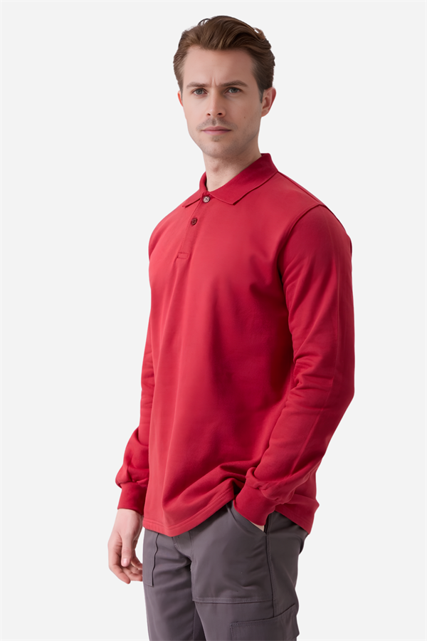 Kırmızı Pamuklu Ve Uzun Kollu Kışlık Kadın/Erkek Unisex Polo Yaka Sweatshirt