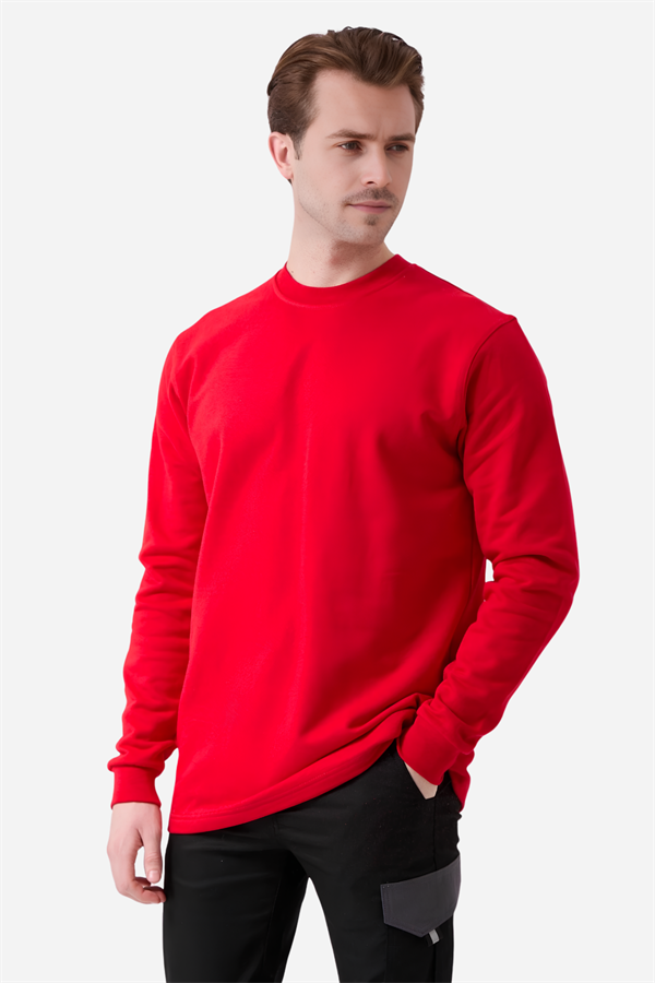 Kırmızı Pamuklu Ve Uzun Kollu Kışlık Kadın/Erkek Unisex O/Bisiklet Yaka Sweatshirt
