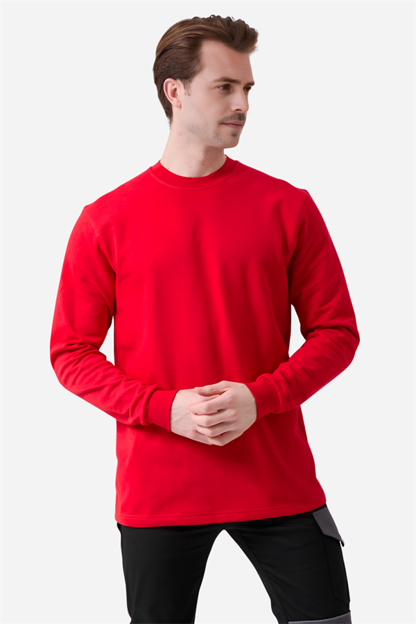 Kırmızı Pamuklu Ve Uzun Kollu Kışlık Kadın/Erkek Unisex O/Bisiklet Yaka Sweatshirt