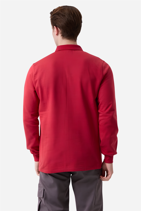 Kırmızı Pamuklu Ve Uzun Kollu Kışlık Kadın/Erkek Unisex Polo Yaka Sweatshirt