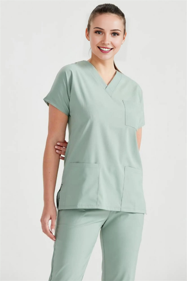 Küf Yeşili Likralı Medikal Doktor Hemşire Kadın/Erkek Unisex Scrubs Yaka Forma Takım