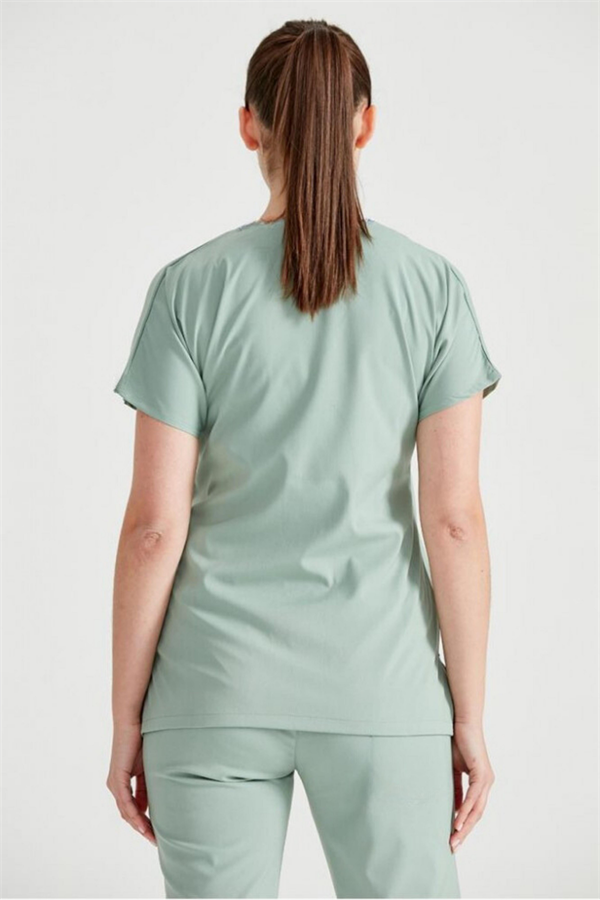 Küf Yeşili Likralı Medikal Doktor Hemşire Kadın/Erkek Unisex Scrubs Yaka Forma Takım