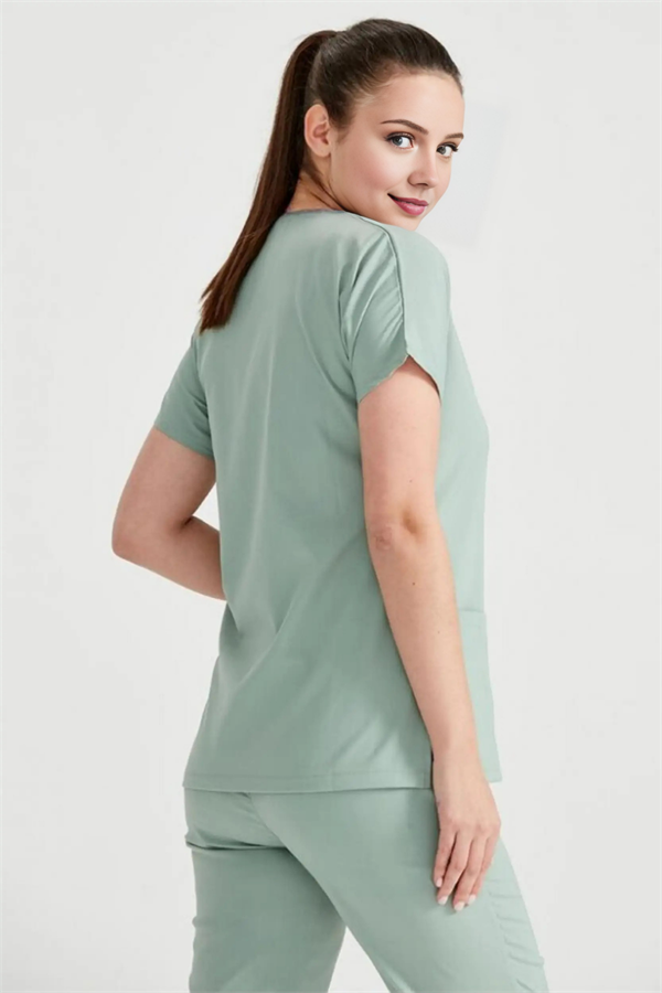 Küf Yeşili Likralı Medikal Doktor Hemşire Kadın/Erkek Unisex Scrubs Yaka Forma Takım