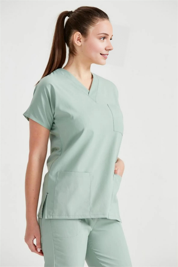 Küf Yeşili Likralı Medikal Doktor Hemşire Kadın/Erkek Unisex Scrubs Yaka Forma Takım