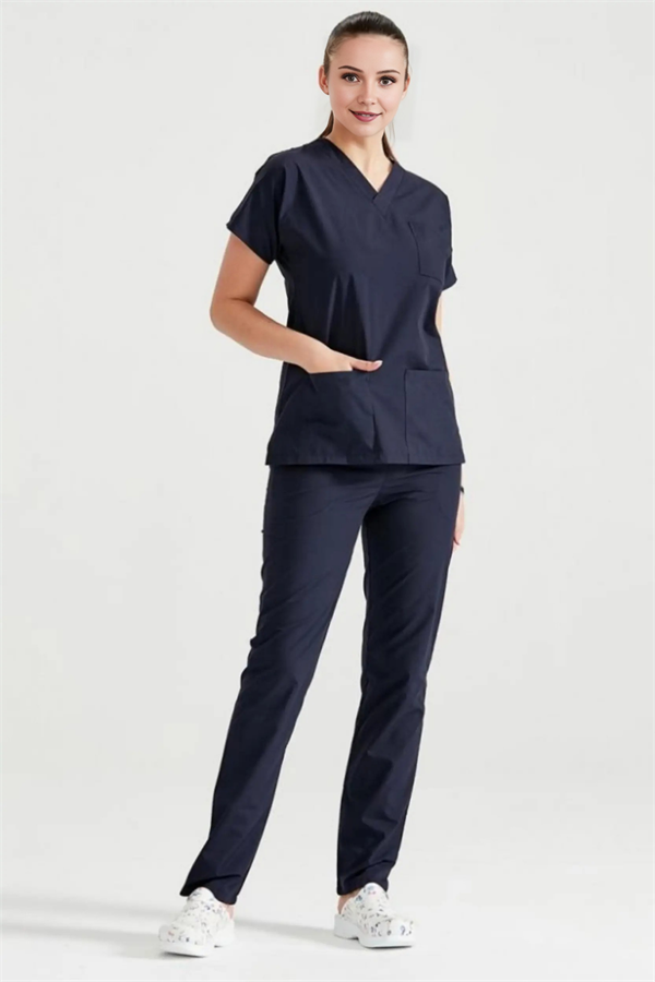 Lacivert Likralı Medikal Doktor Hemşire Kadın/Erkek Unisex Scrubs Yaka Forma Takım