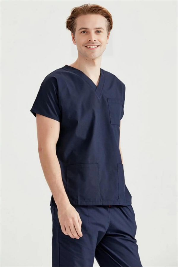 Lacivert Likralı Medikal Doktor Hemşire Kadın/Erkek Unisex Scrubs Yaka Forma Takım