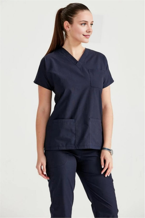 Lacivert Likralı Medikal Doktor Hemşire Kadın/Erkek Unisex Scrubs Yaka Forma Takım
