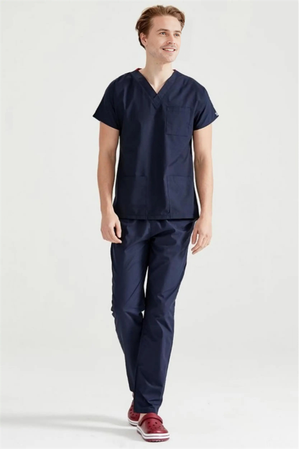 Lacivert Likralı Medikal Doktor Hemşire Kadın/Erkek Unisex Scrubs Yaka Forma Takım