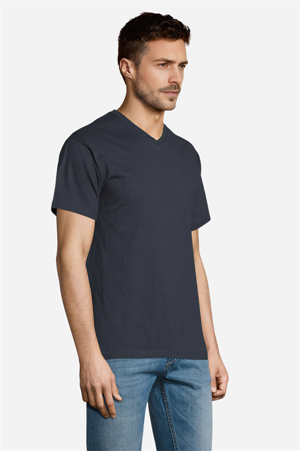 Lacivert Pamuklu Ve Kısa Kollu Kadın/Erkek Unisex V Yaka Tişört