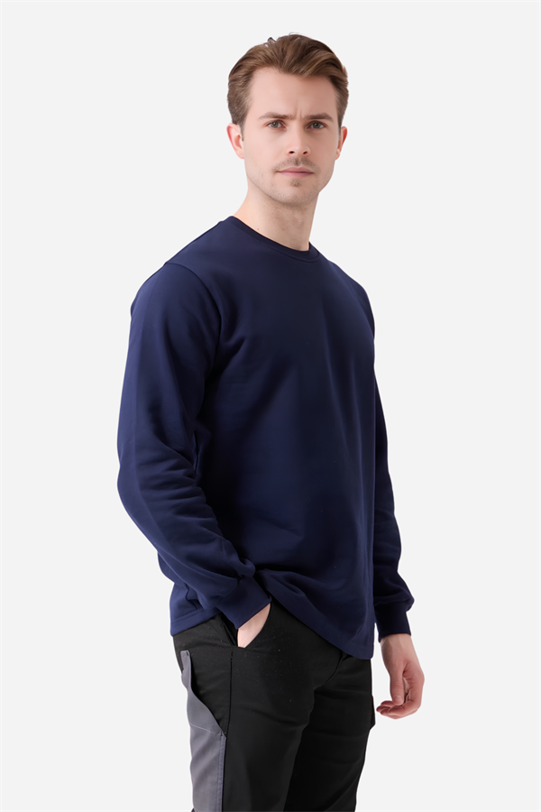 Lacivert Pamuklu Ve Uzun Kollu Kışlık Kadın/Erkek Unisex O/Bisiklet Yaka Sweatshirt