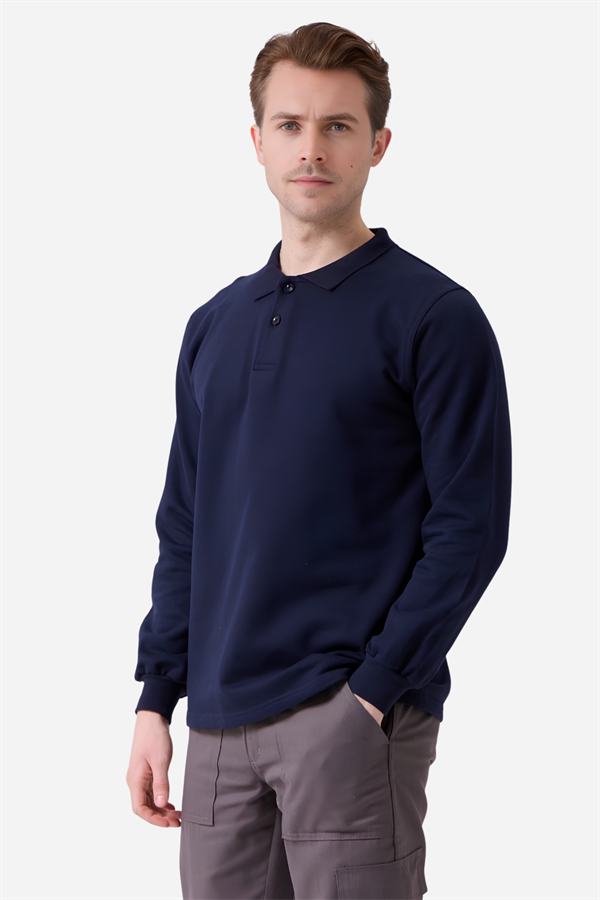 Lacivert Pamuklu Ve Uzun Kollu Kışlık Kadın/Erkek Unisex Polo Yaka Sweatshirt