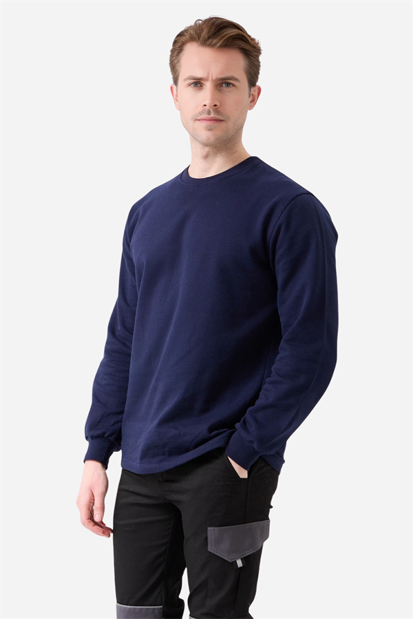 Lacivert Pamuklu Ve Uzun Kollu Kışlık Kadın/Erkek Unisex O/Bisiklet Yaka Sweatshirt