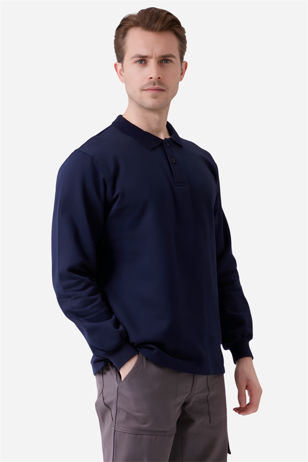 Lacivert Pamuklu Ve Uzun Kollu Kışlık Kadın/Erkek Unisex Polo Yaka Sweatshirt