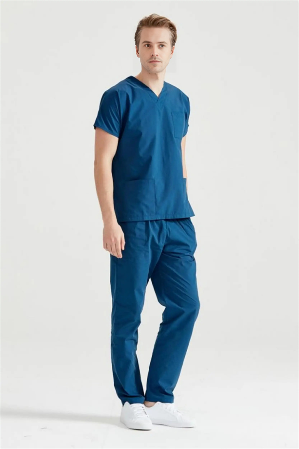 Petrol Mavisi Likralı Medikal Doktor Hemşire Kadın/Erkek Unisex Scrubs Yaka Forma Takım