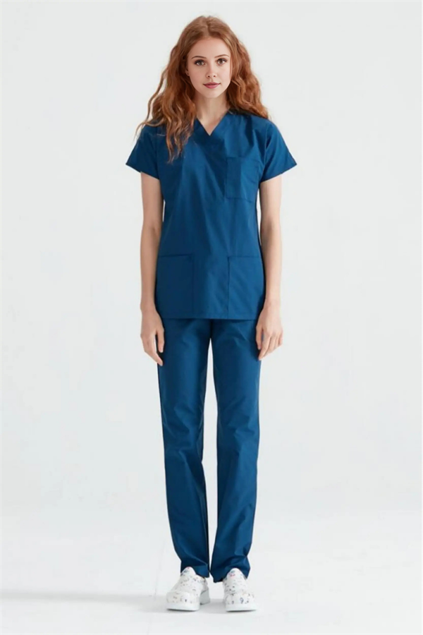 Petrol Mavisi Likralı Medikal Doktor Hemşire Kadın/Erkek Unisex Scrubs Yaka Forma Takım
