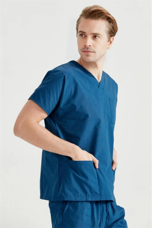 Petrol Mavisi Likralı Medikal Doktor Hemşire Kadın/Erkek Unisex Scrubs Yaka Forma Takım