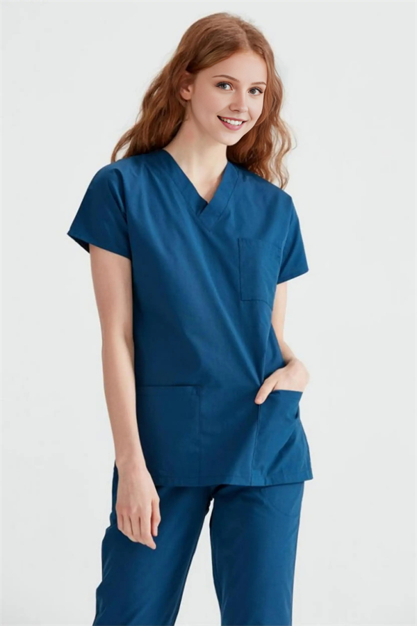 Petrol Mavisi Likralı Medikal Doktor Hemşire Kadın/Erkek Unisex Scrubs Yaka Forma Takım