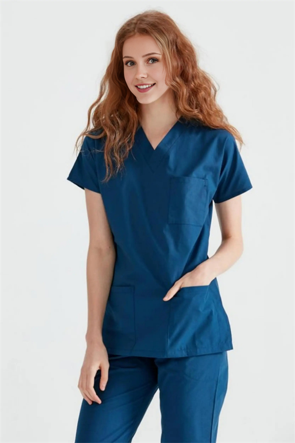 Petrol Mavisi Likralı Medikal Doktor Hemşire Kadın/Erkek Unisex Scrubs Yaka Forma Takım