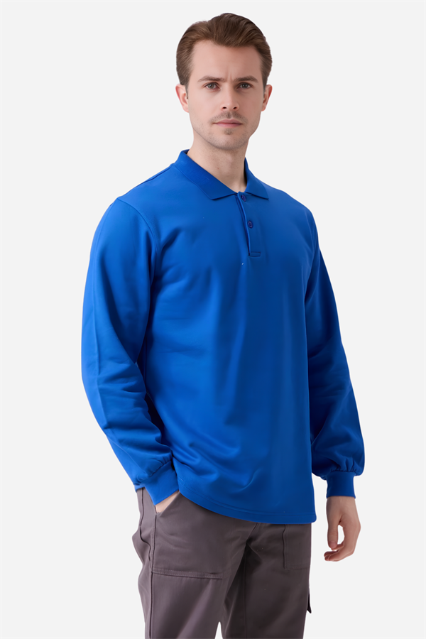 Saks Mavi Pamuklu Ve Uzun Kollu Kışlık Kadın/Erkek Unisex Polo Yaka Sweatshirt